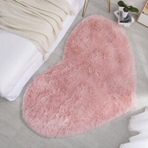 HOMBYS Fluffy 4x6 Faux Fur Heart Shaped Area Rug for Living Room Bedroom, Soft Large Pink Faux Sheepskin Play Carpet for Kids Baby Girls and Pets, Plush Furry Decor Shaggy Feet Mat for Bedside