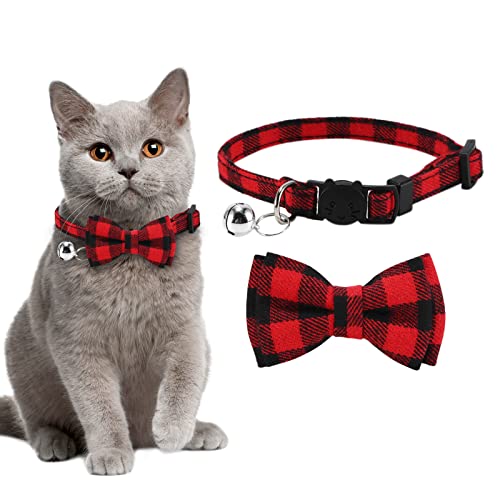 Breakaway Cat Collars Cute Kitten Collar with Bell and Bowtie Soft Pet Collar with Plaid Pattern Detachable and Adjustable Bow Tie Collar for Boy Cats, Girl Cats and Puppies Daily Wearing, Pack of 1