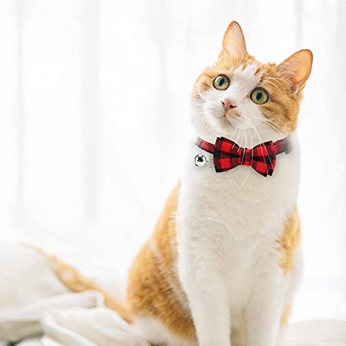 Breakaway Cat Collars Cute Kitten Collar with Bell and Bowtie Soft Pet Collar with Plaid Pattern Detachable and Adjustable Bow Tie Collar for Boy Cats, Girl Cats and Puppies Daily Wearing, Pack of 1