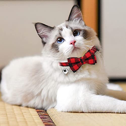 Breakaway Cat Collars Cute Kitten Collar with Bell and Bowtie Soft Pet Collar with Plaid Pattern Detachable and Adjustable Bow Tie Collar for Boy Cats, Girl Cats and Puppies Daily Wearing, Pack of 1