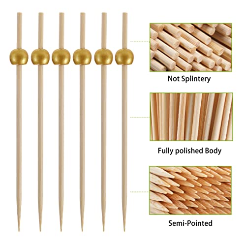 200 Pcs Cocktail Picks, 4.7 Inch Toothpicks for Appetizers, Bamboo Cocktail Sticks Skewers for Drinks, Desserts, Charcuterie, Wedding Party Fancy Toothpicks, Gold Pearl Mini Food Picks Decorative