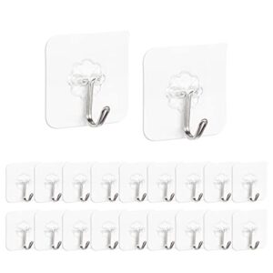 20 pack adhesive hooks for hanging heavy duty 22lbs wall hooks, transparent reusable seamless hooks, waterproof and rustproof wall hooks for home kitchen, bathroom, office