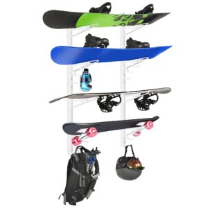 4-tier snowboard wall mount rack by delta cycle - extendable ski rack wall shelf with integrated accessory hooks for helmets and poles - space-saving storage, durable design - hardware included