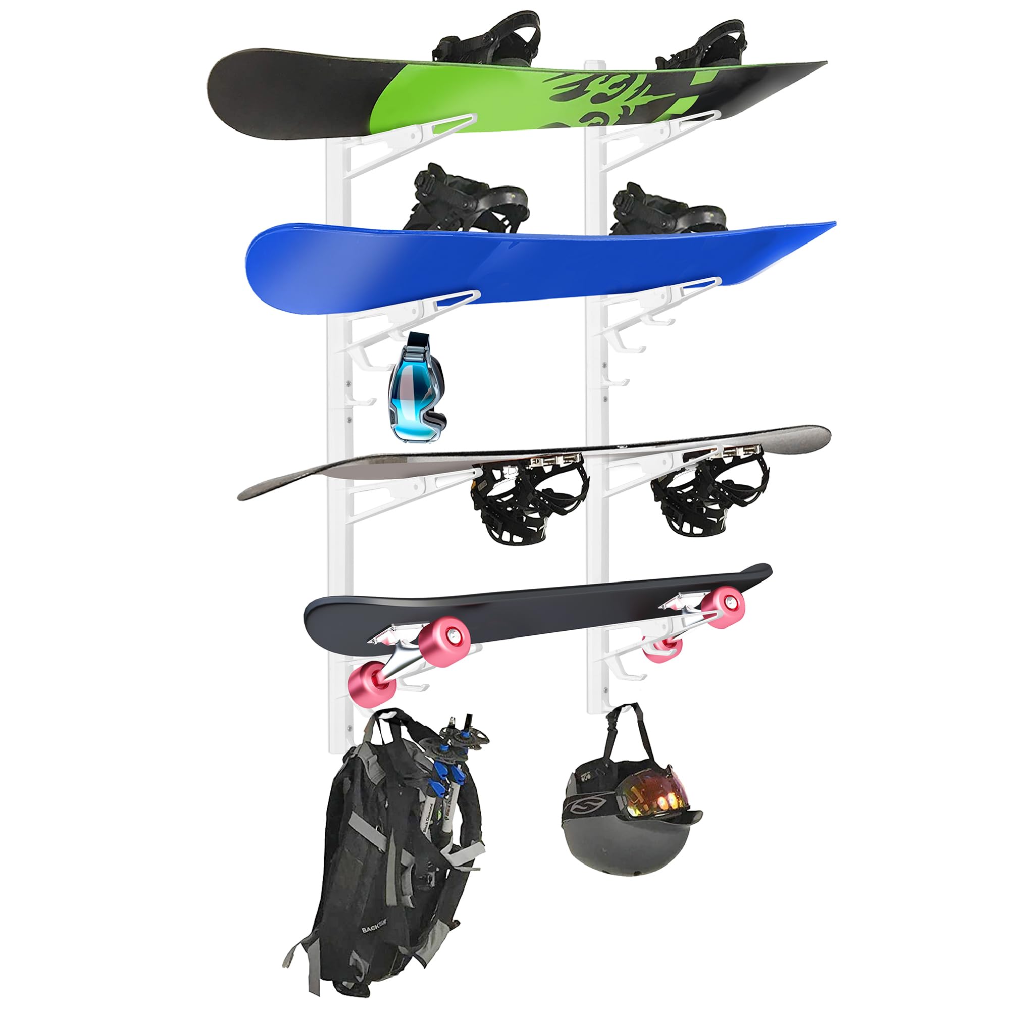 4-Tier Snowboard Wall Mount Rack by Delta Cycle - Extendable Ski Rack Wall Shelf with Integrated Accessory Hooks for Helmets and Poles - Space-Saving Storage, Durable Design - Hardware Included