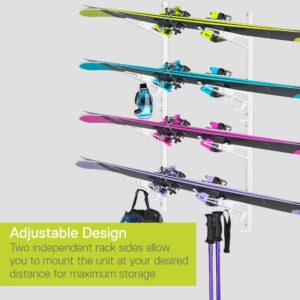 4-Tier Snowboard Wall Mount Rack by Delta Cycle - Extendable Ski Rack Wall Shelf with Integrated Accessory Hooks for Helmets and Poles - Space-Saving Storage, Durable Design - Hardware Included