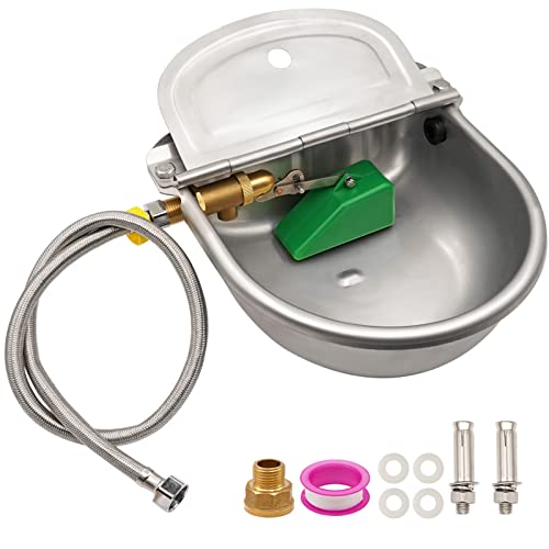 Automatic Waterer Water Bowl with Brass Float Valve Stainless Steel Watering Trough Kits for Livestock Chicken Horse Animal Dogs Cattle Pig Goat, Includes Hose, Brass Connector and Mounting Bolts