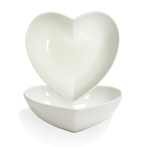 FLORWOD 2pcs Porcelain Heart Shaped Plates Deep Salad Plates, 8 inch Large Heart Bowls for Serving Dessert/Appetizer/Fruit, 32 oz/pc