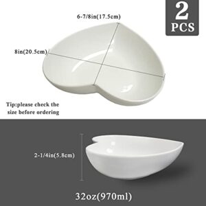 FLORWOD 2pcs Porcelain Heart Shaped Plates Deep Salad Plates, 8 inch Large Heart Bowls for Serving Dessert/Appetizer/Fruit, 32 oz/pc