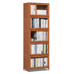 monibloom tall narrow bookcase with acrylic doors 5 tier free standing book shelf storage organizer save space for living room office, brown