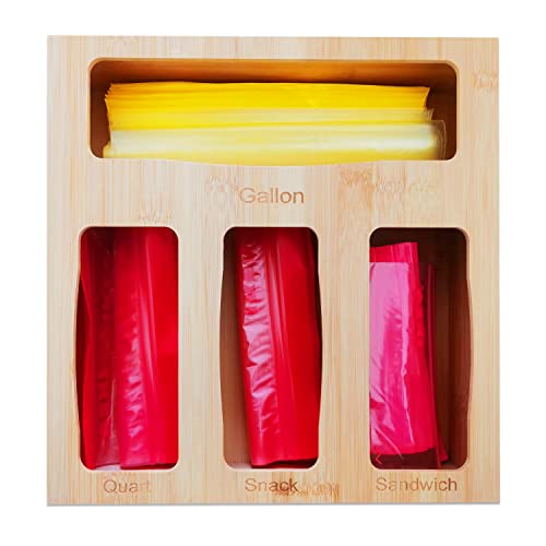 Ziplock Bag Storage Organizer, Premium Bamboo Kitchen Food Baggie Dispenser Box for Drawer, Compatible with Most Brands Gallon Bag, Quart Bag, Sandwich Bag, Snack Bag（1Box 4 Slots）