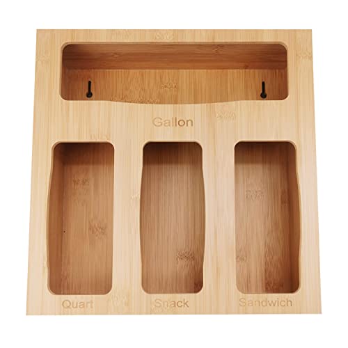 Ziplock Bag Storage Organizer, Premium Bamboo Kitchen Food Baggie Dispenser Box for Drawer, Compatible with Most Brands Gallon Bag, Quart Bag, Sandwich Bag, Snack Bag（1Box 4 Slots）