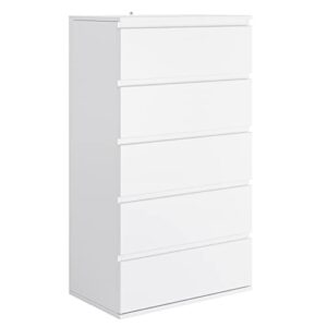 FOTOSOK 5 Drawer Dresser, Modern Storage Chest of Drawer with Large Storage Space, 23.6L x 15.7W x 39.4H Inch Bedroom Tall Nightstand Clothing Organizer Cabinet, White