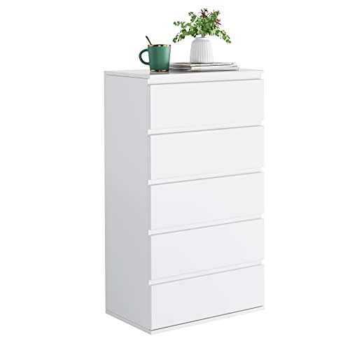 FOTOSOK 5 Drawer Dresser, Modern Storage Chest of Drawer with Large Storage Space, 23.6L x 15.7W x 39.4H Inch Bedroom Tall Nightstand Clothing Organizer Cabinet, White