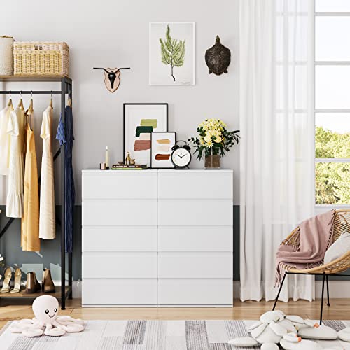 FOTOSOK 5 Drawer Dresser, Modern Storage Chest of Drawer with Large Storage Space, 23.6L x 15.7W x 39.4H Inch Bedroom Tall Nightstand Clothing Organizer Cabinet, White
