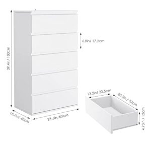 FOTOSOK 5 Drawer Dresser, Modern Storage Chest of Drawer with Large Storage Space, 23.6L x 15.7W x 39.4H Inch Bedroom Tall Nightstand Clothing Organizer Cabinet, White