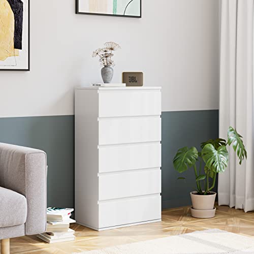 FOTOSOK 5 Drawer Dresser, Modern Storage Chest of Drawer with Large Storage Space, 23.6L x 15.7W x 39.4H Inch Bedroom Tall Nightstand Clothing Organizer Cabinet, White