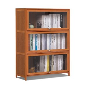 monibloom bamboo bookshelf with acrylic doors 3 tier freestanding bookcase storage stand for living room office bedroom, brown