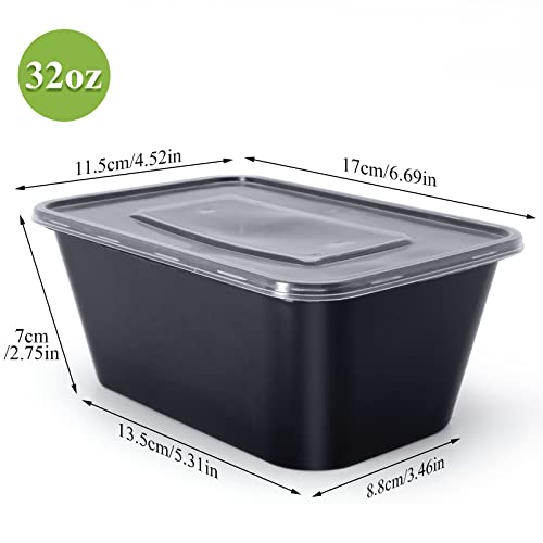 Ganfaner [50pk 32fl.oz/1000ml Disposable Food Containers with Lids, Plastic Food Containers Sets, for Preparing Lunch, Dinner or Fruits[Black]