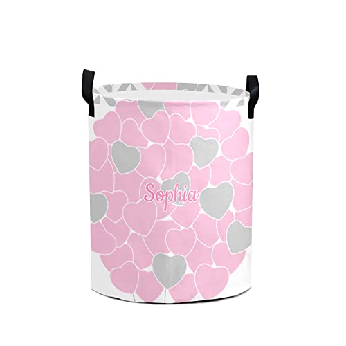 Large Storage Pink Love Heart Personalized Tall Collapsible Laundry Basket with Name Foldable Hamper for Dirty Cloth Toys