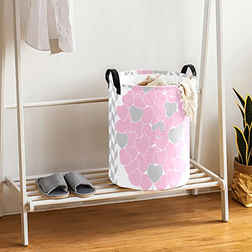 Large Storage Pink Love Heart Personalized Tall Collapsible Laundry Basket with Name Foldable Hamper for Dirty Cloth Toys