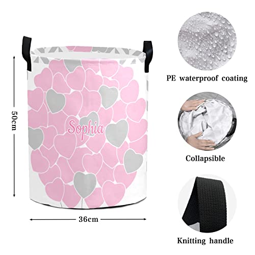 Large Storage Pink Love Heart Personalized Tall Collapsible Laundry Basket with Name Foldable Hamper for Dirty Cloth Toys