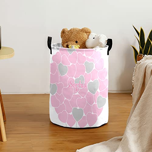 Large Storage Pink Love Heart Personalized Tall Collapsible Laundry Basket with Name Foldable Hamper for Dirty Cloth Toys