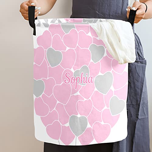 Large Storage Pink Love Heart Personalized Tall Collapsible Laundry Basket with Name Foldable Hamper for Dirty Cloth Toys