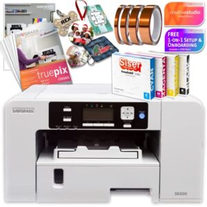 sawgrass uhd sg500 sublimation color printer starter bundle with easysubli inks, sublimation paper, tape, blanks, designs