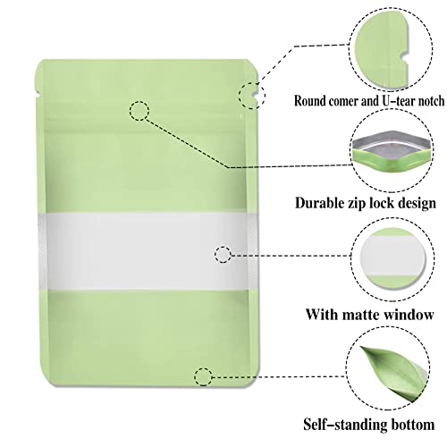 100 Pcs Resealable Bags, Stand-up Food Storage Bags with Clear Window, Sealable Zip Lock Self Sealing Bags for Packaging Products (Light green 4.7 x 7.8 In)