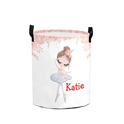 MakeUnique Ballerina Girl Rose Flowers Custom Collapsible Laundry Baskets with Name Waterproof Clothes Laundry Hampers Boys Girls Toy and Sundries Storage Bag with Handles, 19.69inch(H)x14.17inch(D)