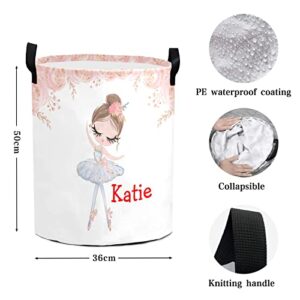 MakeUnique Ballerina Girl Rose Flowers Custom Collapsible Laundry Baskets with Name Waterproof Clothes Laundry Hampers Boys Girls Toy and Sundries Storage Bag with Handles, 19.69inch(H)x14.17inch(D)