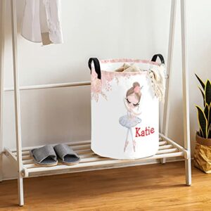 MakeUnique Ballerina Girl Rose Flowers Custom Collapsible Laundry Baskets with Name Waterproof Clothes Laundry Hampers Boys Girls Toy and Sundries Storage Bag with Handles, 19.69inch(H)x14.17inch(D)