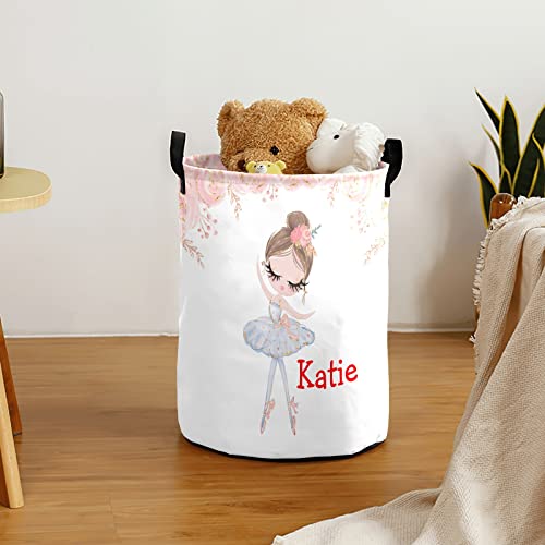 MakeUnique Ballerina Girl Rose Flowers Custom Collapsible Laundry Baskets with Name Waterproof Clothes Laundry Hampers Boys Girls Toy and Sundries Storage Bag with Handles, 19.69inch(H)x14.17inch(D)