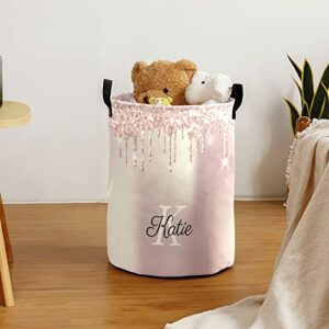 MakeUnique Gold Rose Glitter Drop Personalized Laundry Baskets with Name Waterproof Clothes Laundry Hampers Bathroom Toy and Sundries Collection Storage Bin with Handles, 19.69inch(H)x14.17inch(D)