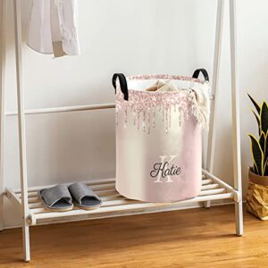 MakeUnique Gold Rose Glitter Drop Personalized Laundry Baskets with Name Waterproof Clothes Laundry Hampers Bathroom Toy and Sundries Collection Storage Bin with Handles, 19.69inch(H)x14.17inch(D)