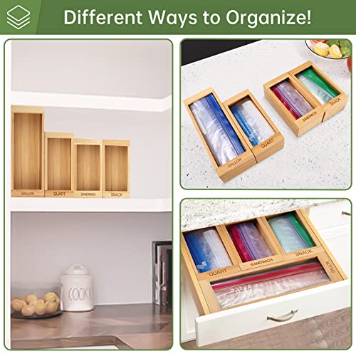 Ziplock Bag Organizer, Natural Bamboo Drawer Organizer for Kitchen, Plastic Bag Holder, Food Storage Bags Holder, Compatible with Ziploc, Solimo, Hefty, Glad. Container for Gallon, Quart, Sandwich, Snack, and Slider Bag with Extra 10pcs Mylar Bags for Foo