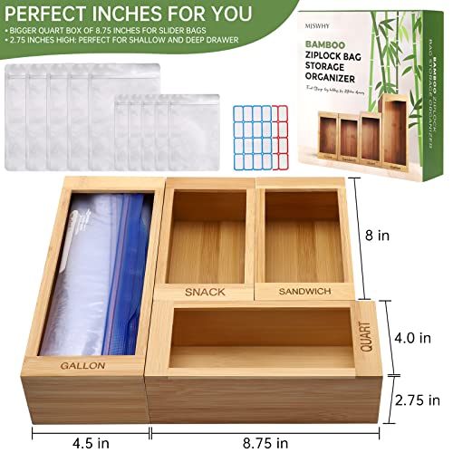 Ziplock Bag Organizer, Natural Bamboo Drawer Organizer for Kitchen, Plastic Bag Holder, Food Storage Bags Holder, Compatible with Ziploc, Solimo, Hefty, Glad. Container for Gallon, Quart, Sandwich, Snack, and Slider Bag with Extra 10pcs Mylar Bags for Foo