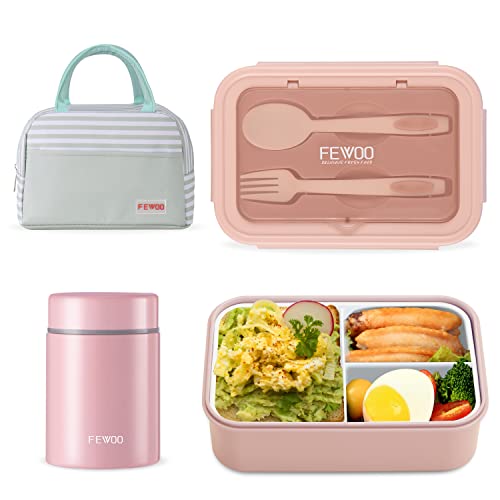 FEWOO Food Containers,13.5oz Soup Thermos+47oz Bento Box,Lunch Box with Bag for Kids Adult,Leak Proof Food Jar for School Office Picnic Travel Outdoors (Pink)