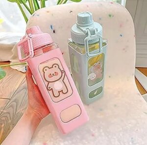 kawaii water bottle with straw and sticker 23.6oz cute for kids girls no leak large sport plasti portable square drinking school supplies, 02-pink, 24