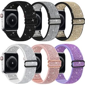 bling nylon stretchy bands compatible with apple watch bands 38mm 40mm 41mm for women girls, adjustable braided loop sport bands for iwatch series 8 7 6 se 5 4 3 2 1, 6 pack sparkly shiny black pink