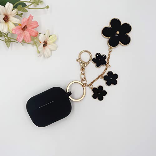 AirPods Pro Case Silicone AirPods Pro Case Cover with Keychain Cute Apple AirPods Pro Protective Case with Enameled Flower Keychain (Black)