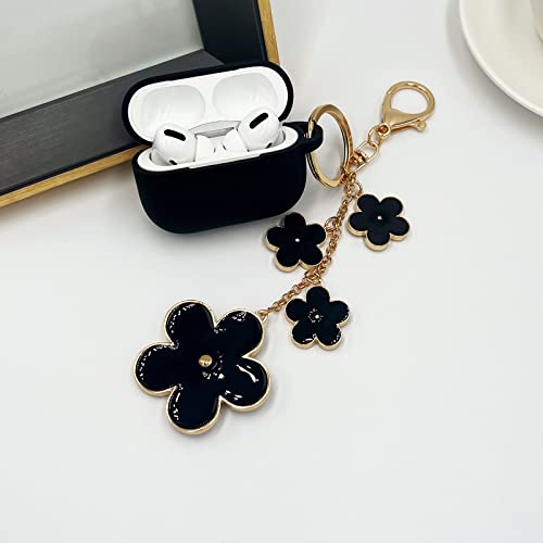 AirPods Pro Case Silicone AirPods Pro Case Cover with Keychain Cute Apple AirPods Pro Protective Case with Enameled Flower Keychain (Black)