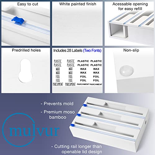 mulvur 3 in 1 Wrap Dispenser with Cutter - Plastic Wrap, Wax Paper, and Aluminum Foil Dispenser for 12" Roll - Foil and Plastic Wrap Organizer - Plastic wrap Dispenser with Cutter