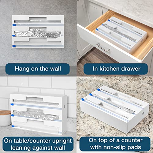 mulvur 3 in 1 Wrap Dispenser with Cutter - Plastic Wrap, Wax Paper, and Aluminum Foil Dispenser for 12" Roll - Foil and Plastic Wrap Organizer - Plastic wrap Dispenser with Cutter