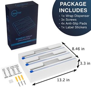 mulvur 3 in 1 Wrap Dispenser with Cutter - Plastic Wrap, Wax Paper, and Aluminum Foil Dispenser for 12" Roll - Foil and Plastic Wrap Organizer - Plastic wrap Dispenser with Cutter