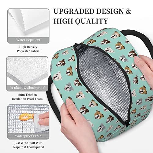 Aeoiba English Bulldog Dog Face Mint Green Insulated Lunch Bag Tote Handbag lunchbox Food Container Gourmet Tote Cooler warm Pouch for Beach School work Office