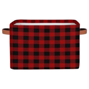 red lumberjack plaid check fabric storage baskets for shelves for organizing closet, foldable storage bins rectangular decorative basket with leather handles cubes, 1 pack