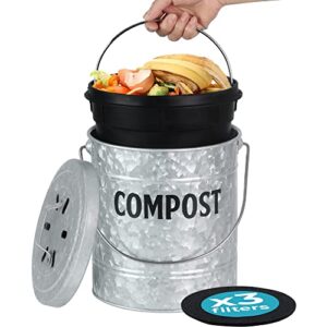 kitchen compost bin by saratoga home - 1.3 gal/5l metal compost bucket for kitchen countertop, kitchen composter, countertop compost bin, compost bin kitchen, kitchen compost bin countertop, silver