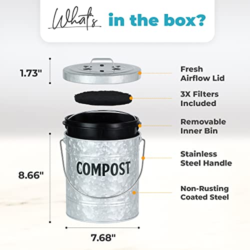 Kitchen Compost Bin by Saratoga Home - 1.3 Gal/5L Metal Compost Bucket for Kitchen Countertop, Kitchen Composter, Countertop Compost Bin, Compost Bin Kitchen, Kitchen Compost Bin Countertop, Silver