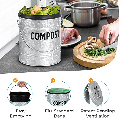 Kitchen Compost Bin by Saratoga Home - 1.3 Gal/5L Metal Compost Bucket for Kitchen Countertop, Kitchen Composter, Countertop Compost Bin, Compost Bin Kitchen, Kitchen Compost Bin Countertop, Silver